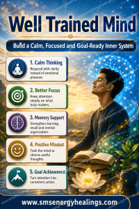 Mind Training Mastery Program 2 Well Trained Mind infographic showing calm thinking, better focus, memory support, positive mindset and goal achievementsubconscious focus, positive habits, learning power, emotional balance and goal direction