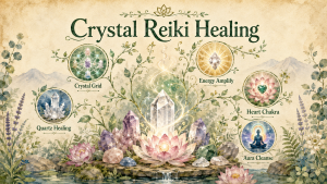 An infographic titled Crystal Reiki Healing featuring illustrations of crystals, lotus flowers, and five circular icons representing Crystal Grid, Energy Amplify, Heart Chakra, Quartz Healing, and Aura Cleanse.
