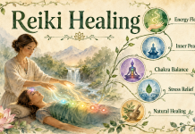 Reiki Healing An illustration showing a practitioner performing Reiki healing on a person, with circular icons depicting energy flow, inner peace, chakra balance, stress relief, and natural healing.