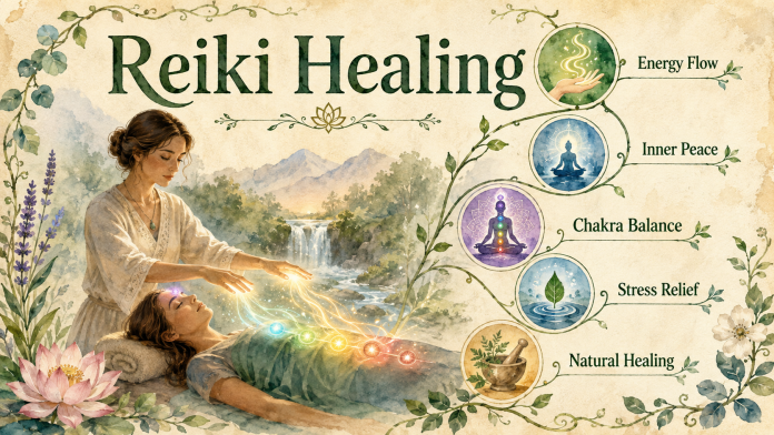 An illustration showing a practitioner performing Reiki healing on a person, with circular icons depicting energy flow, inner peace, chakra balance, stress relief, and natural healing.