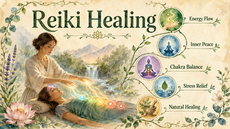 An illustration showing a practitioner performing Reiki healing on a person, with circular icons depicting energy flow, inner peace, chakra balance, stress relief, and natural healing.