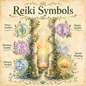 An infographic titled Reiki Symbols displaying four distinct symbols labeled Power, Harmony, Distance, and Master, alongside a sacred meaning icon, set against a background of classical columns and lotus flowers.