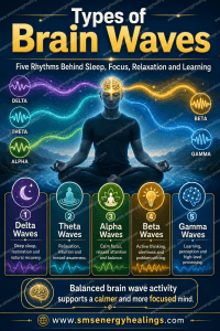 Mind Training Mastery Program 4 Types of Brain Waves infographic explaining Delta Theta Alpha Beta and Gamma waves for sleep focus relaxation and learning