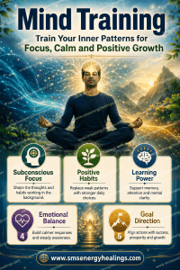 Mind Training Mastery Program 1 Mind Training infographic showing subconscious focus, positive habits, learning power, emotional balance and goal direction