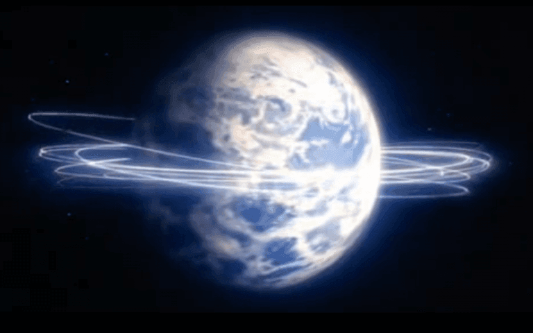 A stylized, glowing blue planet surrounded by faint, luminous orbital rings against a dark background.