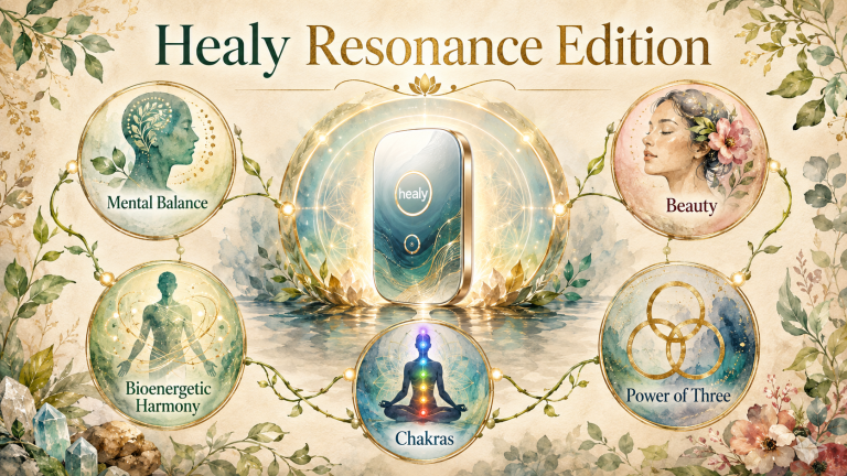 A stylized graphic showing the Healy Resonance Edition device at the center, surrounded by five circular icons representing Mental Balance, Beauty, Bioenergetic Harmony, Chakras, and Power of Three.